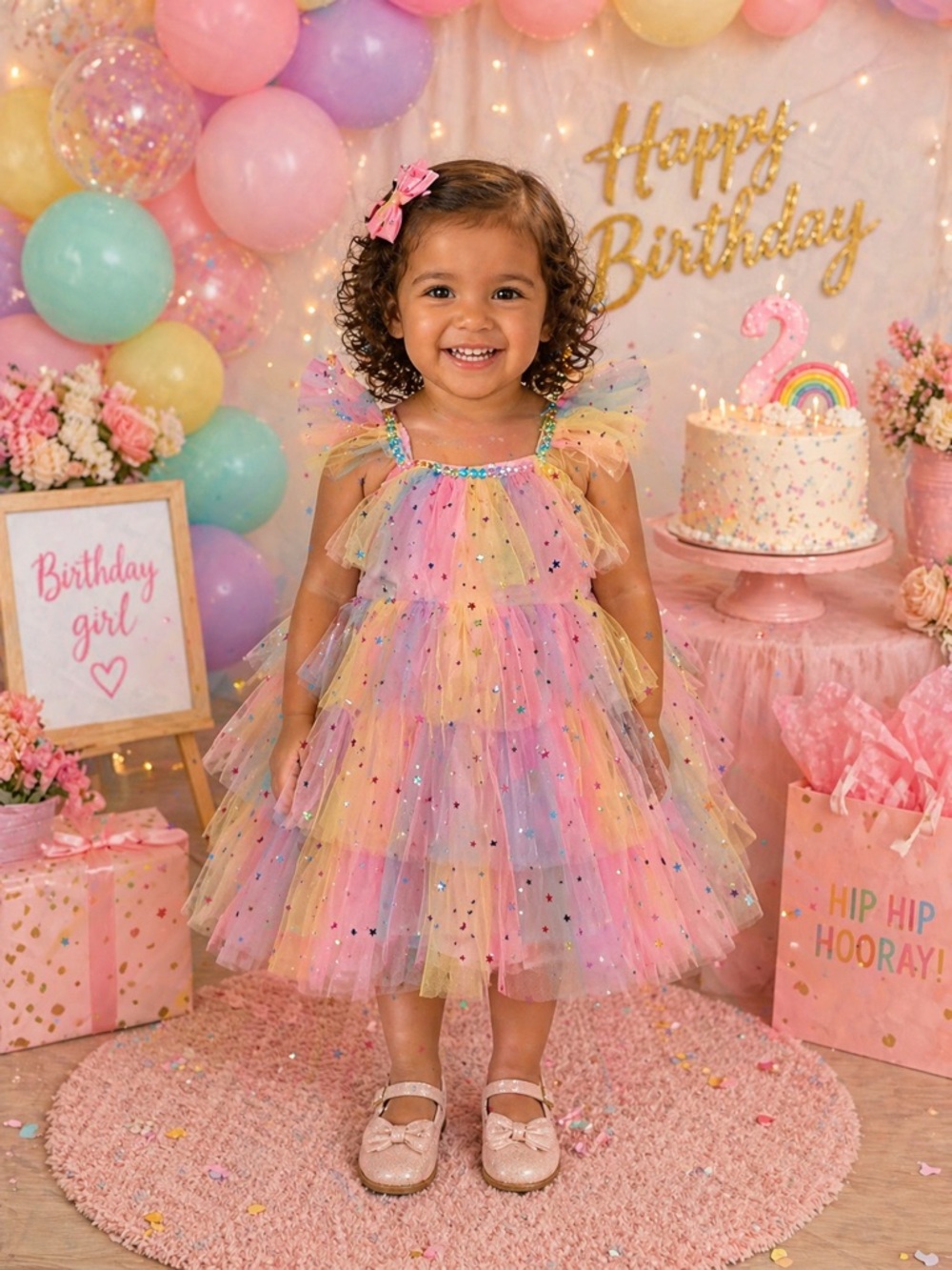 Lola + The Boys Rainbow Pastel Tulle Star-Embellished Party Dress
